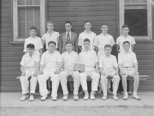 Group portrait of Sydney Grammar School pupils' cricket team and coach, Sydney, 29 October 1948, 3