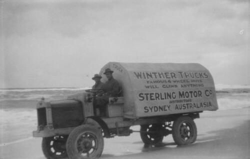 Winther four wheel drive truck by the Sterling Motor Company on a beach, Sydney, approximately 1921, 3 / Sam Hood