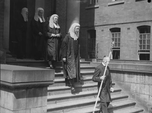 Procession of New South Wales Supreme Court judges in wigs and gowns to mark the opening of the legal year, Sydney, New South Wales, approximately 1950