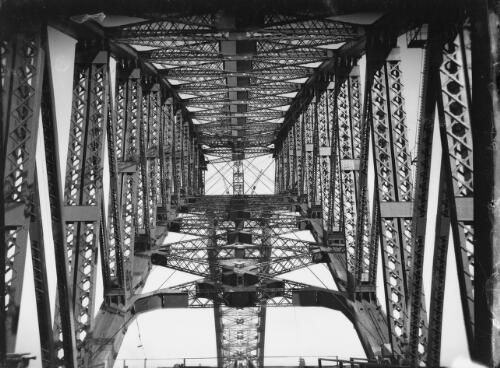 Close view of the steel trusses of Sydney Harbour Bridge, 1959?