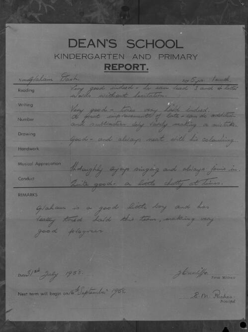 Dean's School kindergarten and primary report, New South Wales, 1959, 1