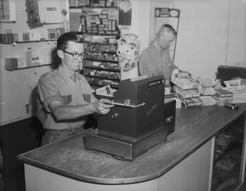 Service desk at James Sutherland Pty. Ltd. garage, 1579 Pacific Highway, Wahroonga, Sydney, 1959, 1