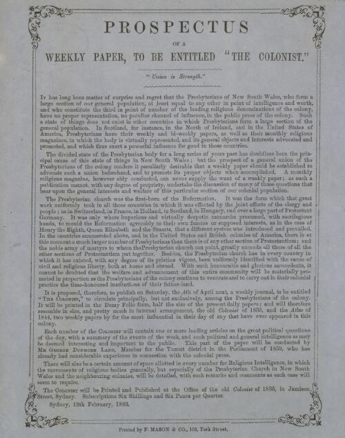 Prospectus of a weekly paper, to be entitled "The Colonist"