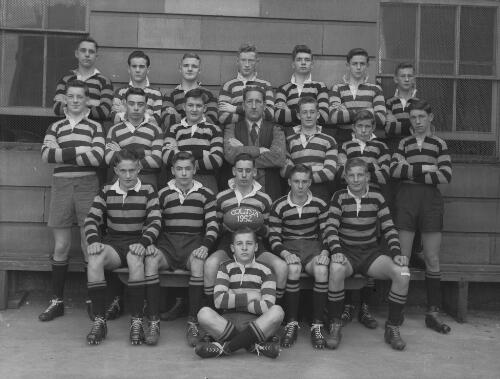 Group portrait of Sydney Grammar School pupils' rugby team Colts A and coach, Sydney, 1952