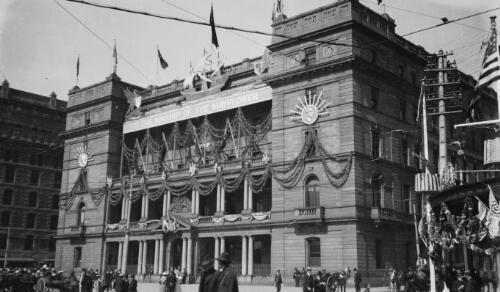 Sydney Town Hall decorated with ribbons during the visit of the United States Great White Fleet, Sydney, 1908