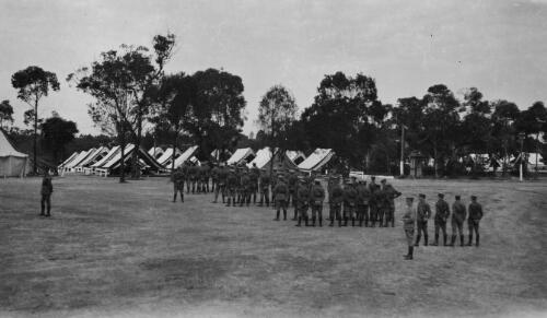 Soldiers assembled near rows of tents, Sydney?, approximately 1914, 1