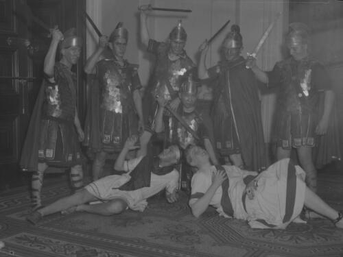 Young men dressed in Roman costumes for a historical pageant, Sydney Town Hall, Sydney, 1936