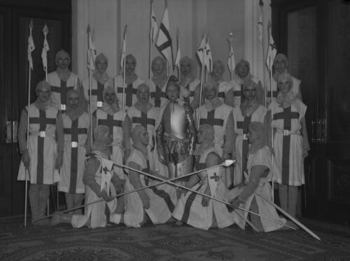 Men dressed as knights for a historical pageant, Sydney Town Hall, Sydney, 1936