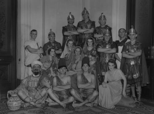 Young men and women dressed in Roman and Middle-eastern costumes for a historical pageant, Sydney Town Hall, Sydney, 1936