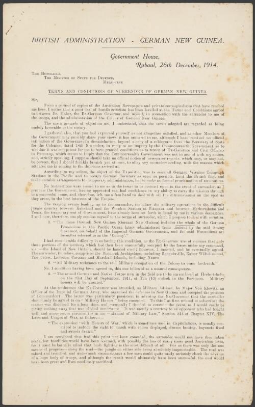 Terms and conditions of surrender of German New Guinea / [William Holmes]