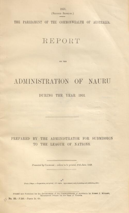 Report on the administration of Nauru / prepared by the Administrator for submission to the League of Nations