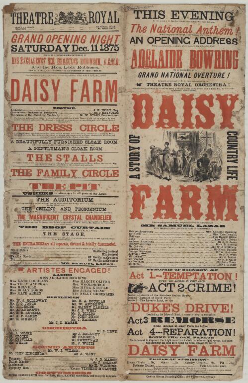 Theatre Royal, grand opening night, Saturday, Dec. 11, 1875...first production in Sydney of an entirely new and original drama written by H.J. Byron, Esq. entitled Daisy Farm