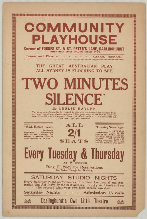 The great Australian play all Sydney is flocking to see : Two minutes silence by Leslie Haylen