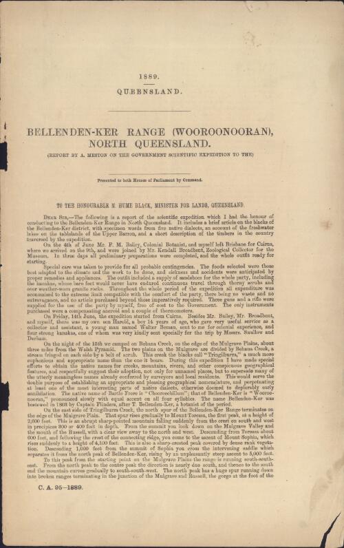 Bellenden-Ker Range (Wooroonooran), north Queensland : report ... on the government scientific expedition / by A. Meston