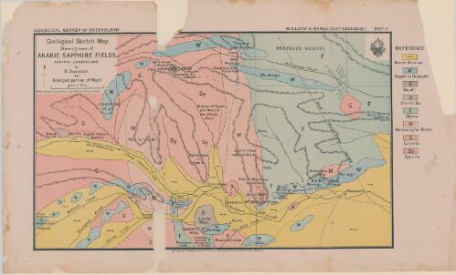 Geological sketch map shewing some of Anakie Sapphire Fields, Central Queensland [cartographic material] : enlarged portion of Map 1 / by B. Dunstan 1901, William H. Rands, Govt. Geologist