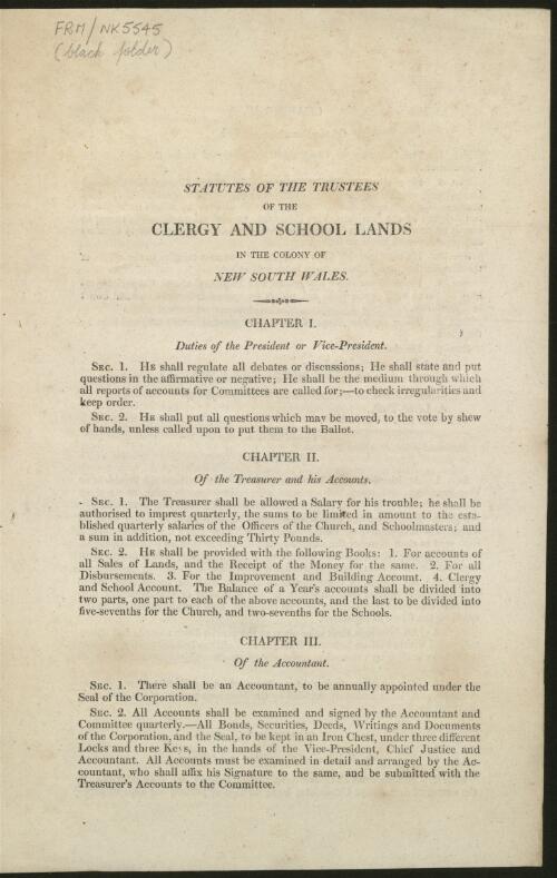 Statutes of the Trustees of the Clergy and School Lands in the Colony of New South Wales