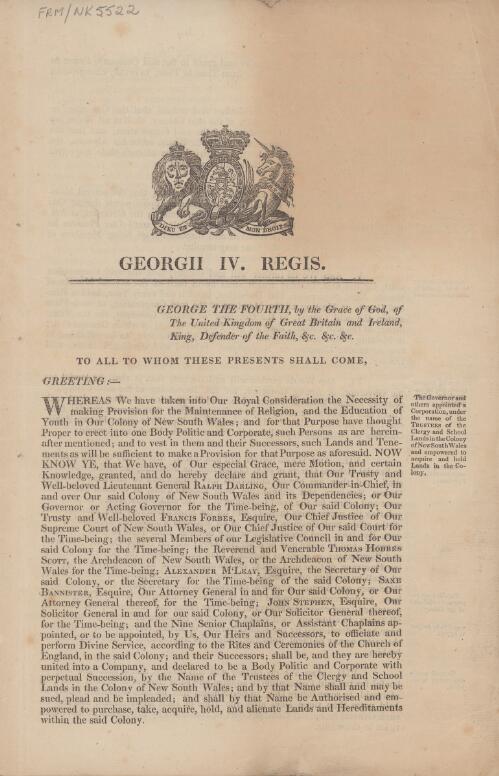 [Royal charter constituting the Trustees of the Clergy and School Lands in the Colony of New South Wales] / George the Fourth