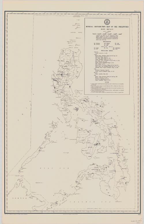 Mineral distribution map of the Philippines [cartographic material] / compiled and drawn by the Geological Survey Division, Bureau of Mines in cooperation with private mining companies ; edited by the Philippine Committee on Mineral Distribution and Metallogenic Maps, June 1964