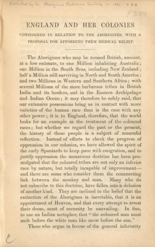 England and her colonies : considered in relation to the Aborigines, with a proposal for affording them medical relief