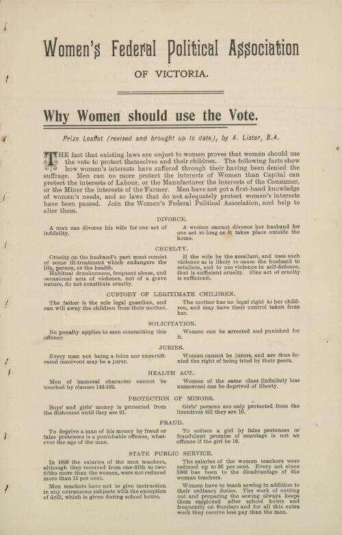 Why women should use the vote / Women's Federal Political Association of Victoria ; prize leaflet revised and brought up to date by A. Lister