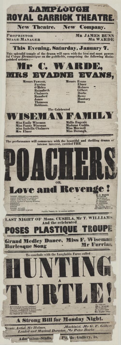 This evening, Saturday, January 7 ... the performance will commence with the beautiful and thrilling drama of intense interest, entitled The poachers, or, Love and revenge!