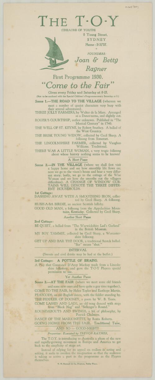 First programme 1930 : come to the fair / the T.O.Y. (Theatre Of Youth)