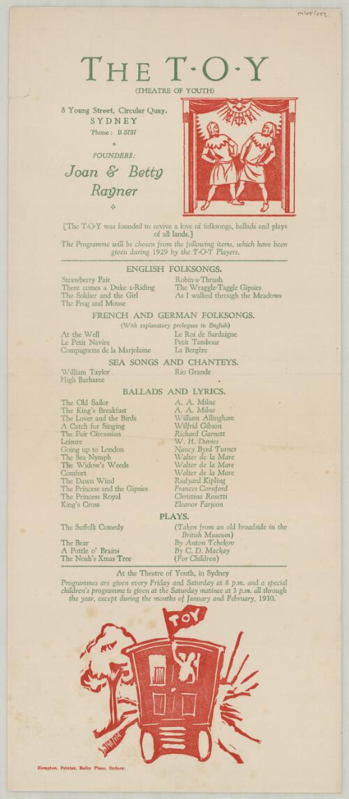 The T.O.Y. was founded to revive a love of folksongs, ballads and plays of all lands : the programme will be chosen from the following items which have been given during 1929 by the T.O.Y. players