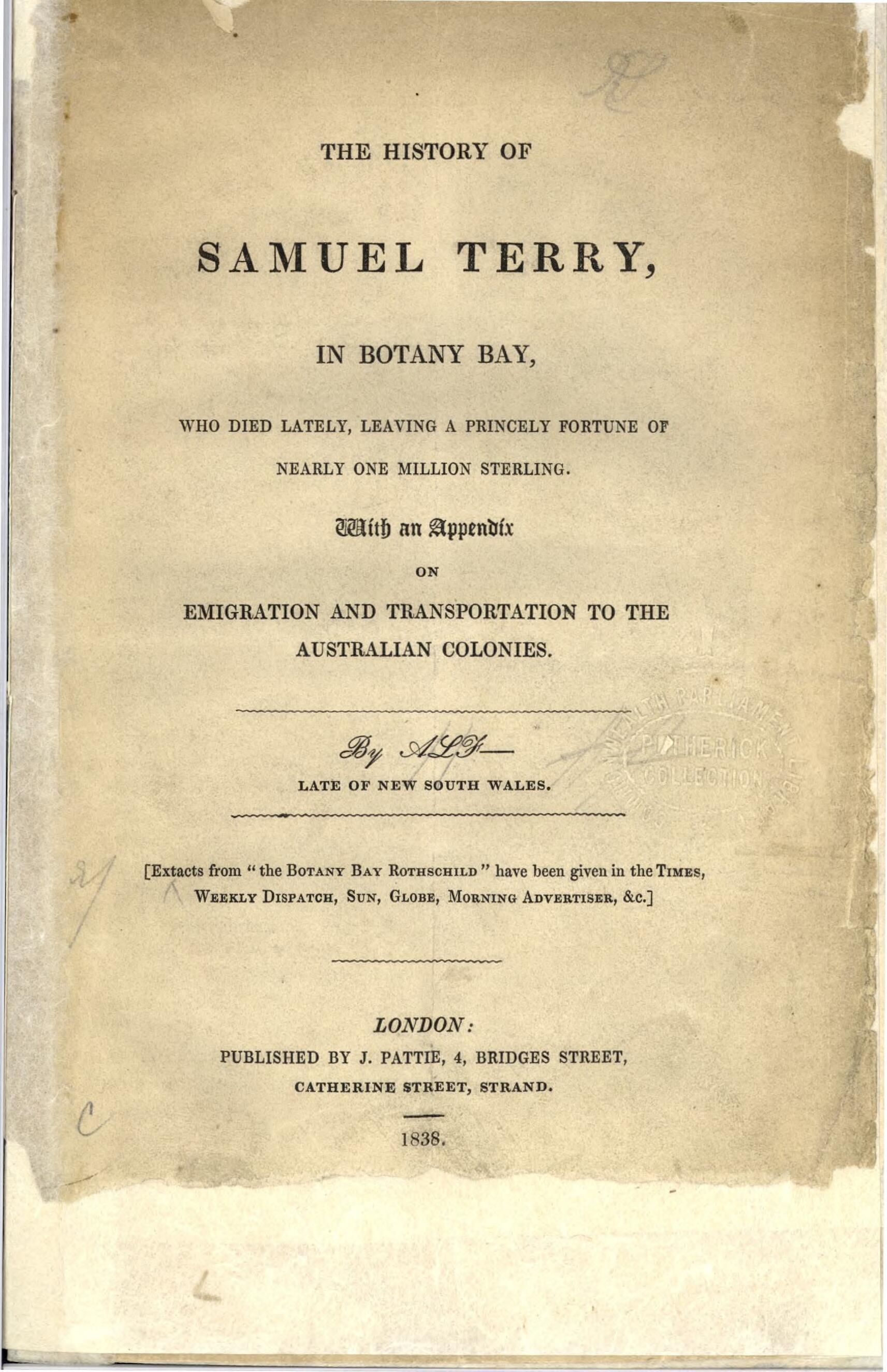 The History Of Samuel Terry In Botany Bay : Who Died Lately, Leaving A ...