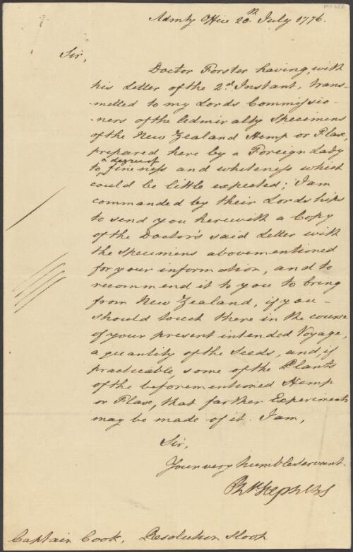 Letter from Sir Phillip Stephens to Captain James Cook, 1776 July 20 [manuscript]