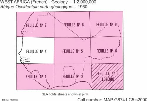 Afrique occidentale, carte géologique des républiques de Côte d'Ivoire, du Dahomey, de Guinée, de Haute-Volta, du Mali, de Mauritanie, du Niger, du Sénégal, du Togo
