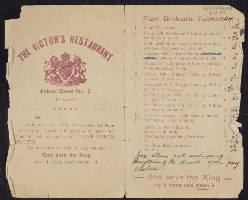 [Menus - General : ephemera material collected by the National Library of Australia]