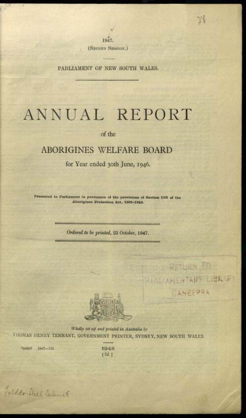 Annual report of the Aborigines Welfare Board for the year ended