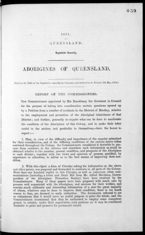 Aborigines of Queensland : report of the Commissioners / W. L. G. Drew, A. C. Gregory, Charles Coxen, John G. Hausmann