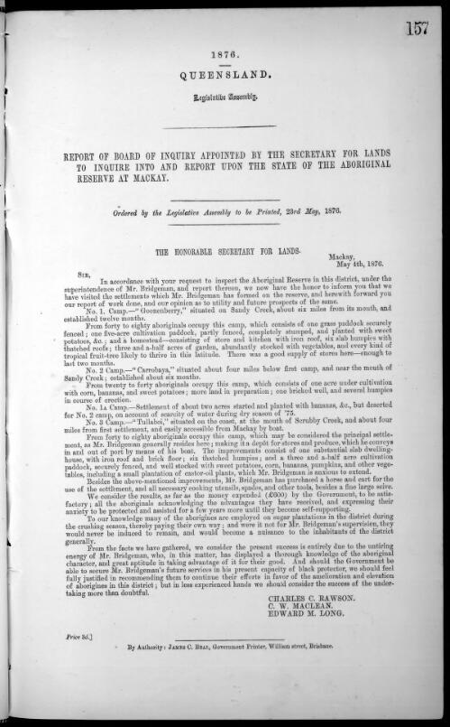 Report of Board of Inquiry appointed by the Secretary for Lands to inquire into and report upon the state of the Aboriginal Reserve at Mackay / Charles C. Rawson, C.W. MacLean, Edward M. Long