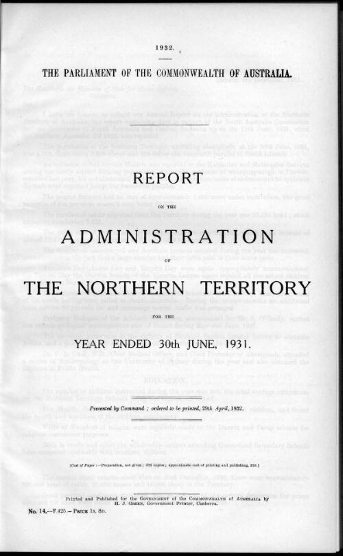 Report on the administration of the Northern Territory / Northern Territory Administration