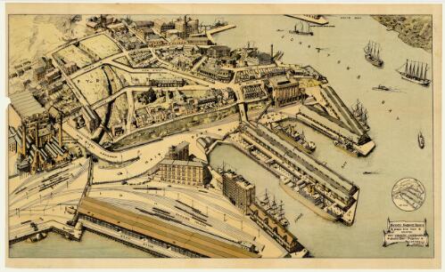 Birds eye view showing new wharves & approaches, Jones Bay, Pyrmont / drawn by W.H. Withers, 1919 ; W. E. Adams, Acting Engineer-in-Chief, 1.7.19 ; T.C. Groom, Chief Draughtsman