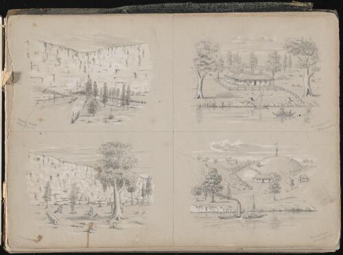 Four drawings of views of Big Bend, Moorundee, and Blanchetown along the Murray River, South Australia, 1856 / James Cumming
