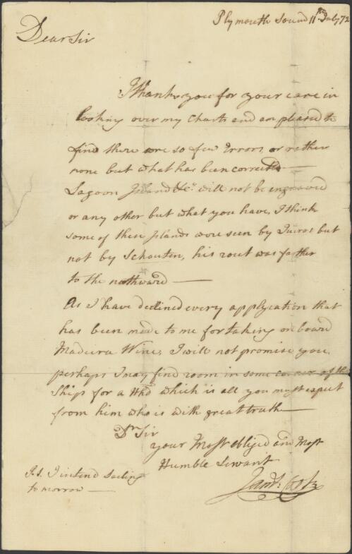 Letter by James Cook, 1772 July 11 [manuscript] : Plymouth Sound, to George Perry, Victualling Office, London