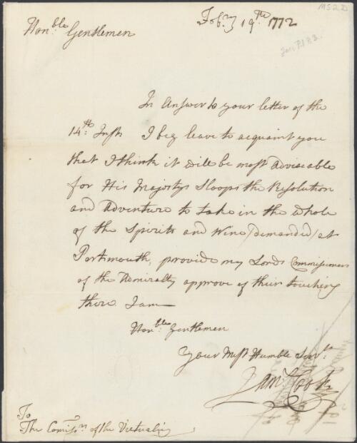 Letter of James Cook, 1772 Feb. 19 [manuscript]