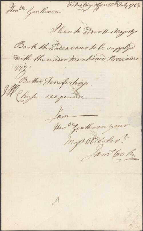 Letter of James Cook to the Commissioners for Victualling His Majesty's Navy, 1768 July 13 [manuscript]