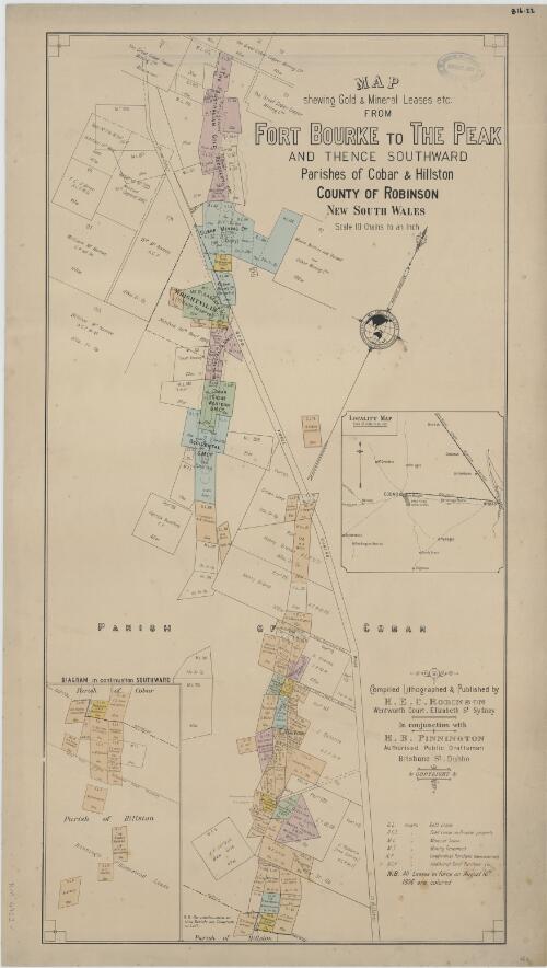 Map shewing Gold & Mineral Leases etc: from Fort Bourke to The Peak and thence southward, Parishes of Cobar & Hillston, County of Robinson, New South Wales / compiled, lithographed & published by H.E.C. Robinson, Wentworth Court, Elizabeth St. Sydney ; in conjunction with H.B. Pinnington, Authorised Public Draftsman, Brisbane St., Dubbo