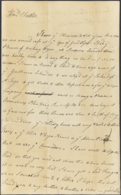 Letter of Alexander Hood, Cape Town to Samuel Hood, Kingsland, Dorset, 1772 Nov. 17 [manuscript]