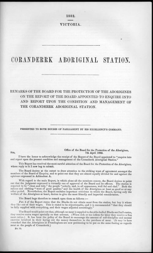 Coranderrk Aboriginal Station / remarks of the Board for the Protection of the Aborigines on the report of the Board appointed to enquire into and report upon the condition and management of the Coranderrk Aboriginal Station