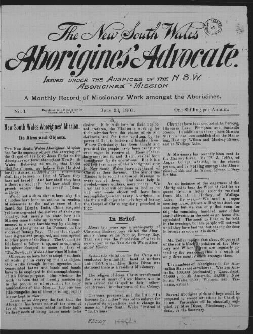 The New South Wales Aborigines' advocate : a monthly record of missionary work amongst the Aborigines / issued under the auspices of the N.S.W. Aborigines' Mission