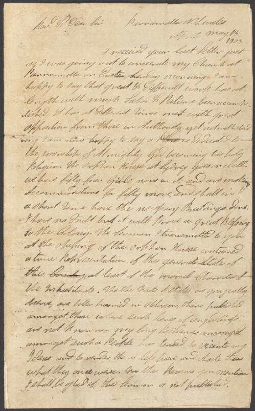 Letter of Reverend Samuel Marsden written to Reverend Miles Atkinson, Parramatta, 1803 May 19 [manuscript]