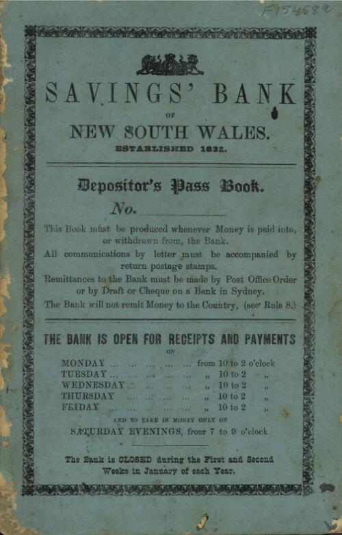 Depositor's pass book / Savings' Bank of New South Wales, established 1832