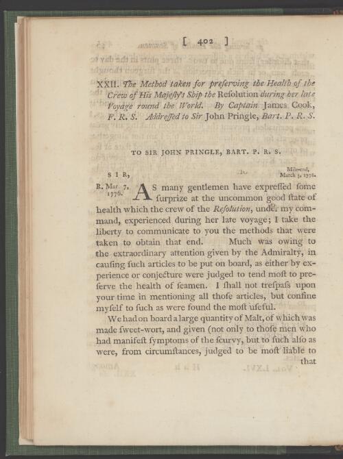 The method taken for preserving the health of the crew of His Majesty's ship the Resolution during her late voyage round the world / by James Cook ; addressed to Sir John Pringle