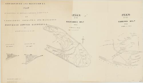 Geological and sectional plan of workings in mettaliferous [i.e. metalliferous] country at Coorundee, Coodinga and Munadgee, Northern Central Australia by Allan A.Davidson [cartographic material] / drawn & compiled by C. Winnecke