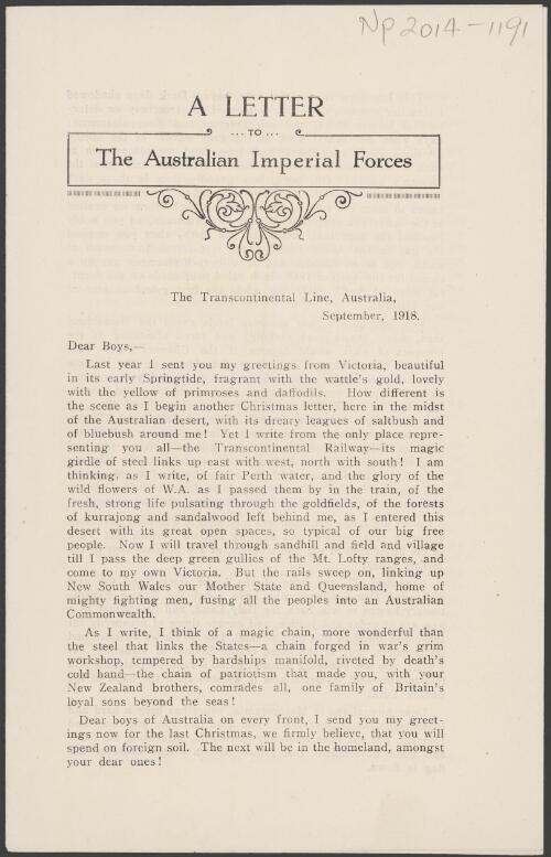 A letter to the Australian Imperial Forces : the Transcontinental Line, Australia, September, 1918 / [Jeanie Jobson]
