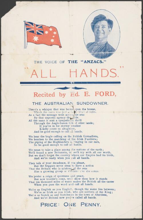 The voice of the "Anzacs" : "All hands" : recited by Ed. E. Ford, the Australian Sundowner